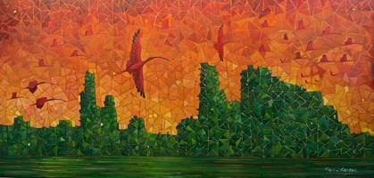 Pintura de guarás sobre a paisagem do Delta do Parnaíba