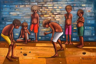 Pintura de meninos jogando bola de gude