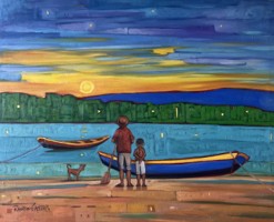 Pintura de pescadores ao entardecer