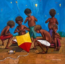 Pintura de crianças soltando pipa